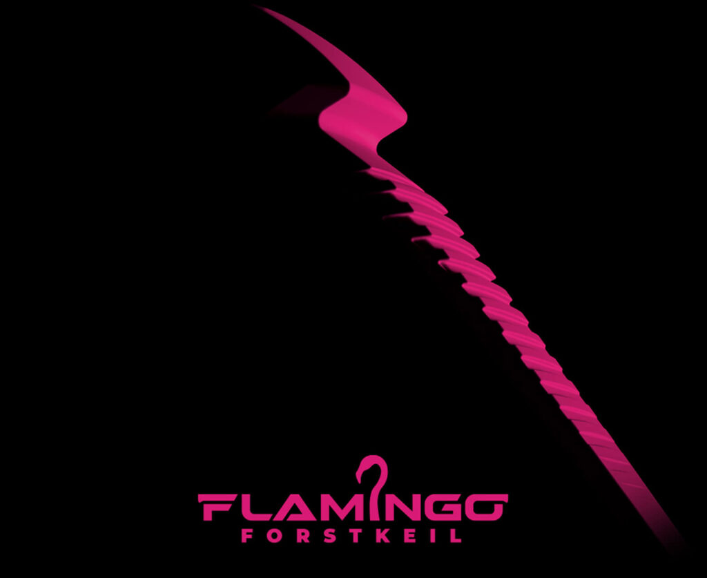 Footer Grafik: Silhouette von Fällkeil und Logo Flamingo Forstkeil